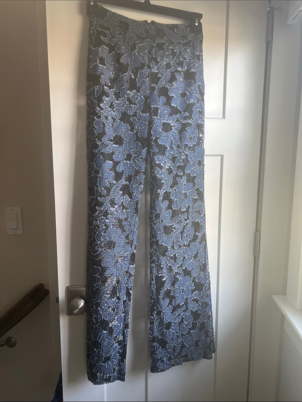 Wide-Leg Floral Lace Pants in Blue